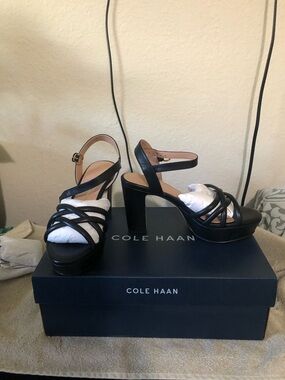 Cole Haan Black Strappy Platform Slingback Heels